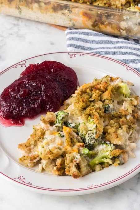 Chicken, broccoli and stuffing casserole.