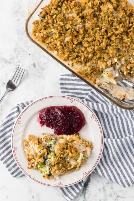 Stuffing, broccoli, and shredded chicken in a cheesy, creamy casserole.