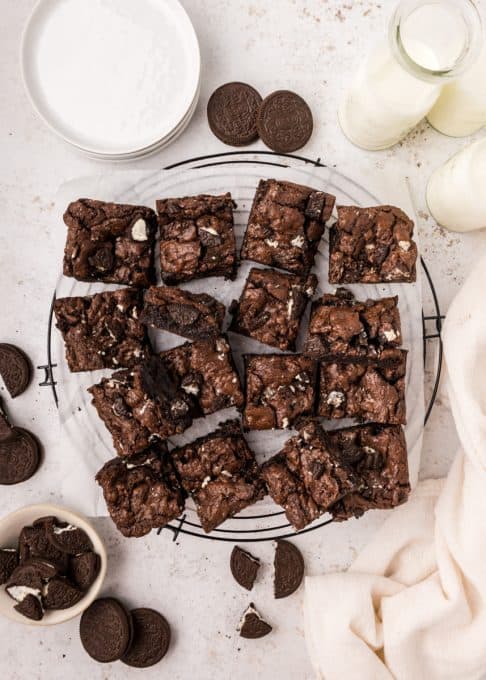 Chocolate brownies with crushed sandwich cookies.