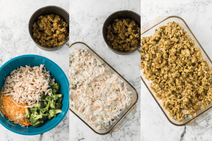 Second set of process photos for Chicken and Stuffing Casserole.